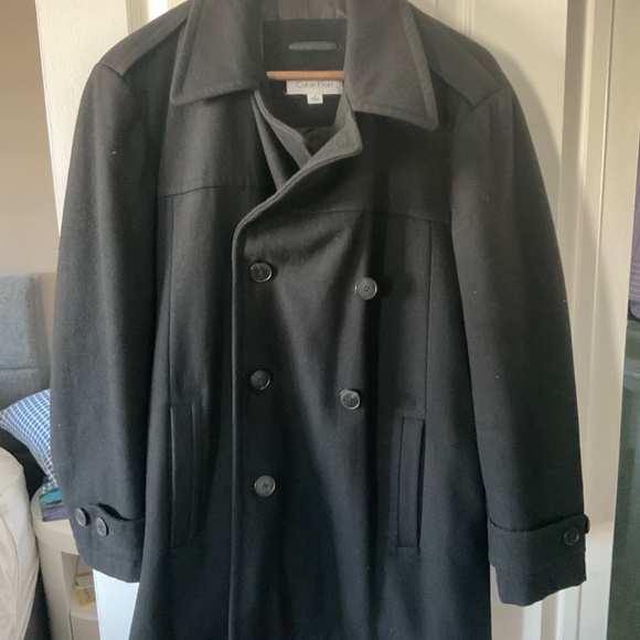 CALVIN KLEIN Men's Wool Blend Black Button Lined Pea Coat Winter Size S - Picture 2 of 5